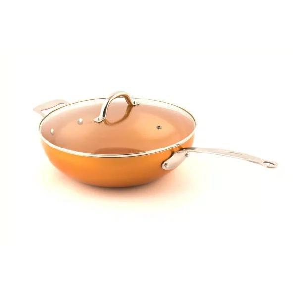 MasterPan Original Copper Pan 12 in. Non-Stick Ceramic Wok with Tempered Glass Lid