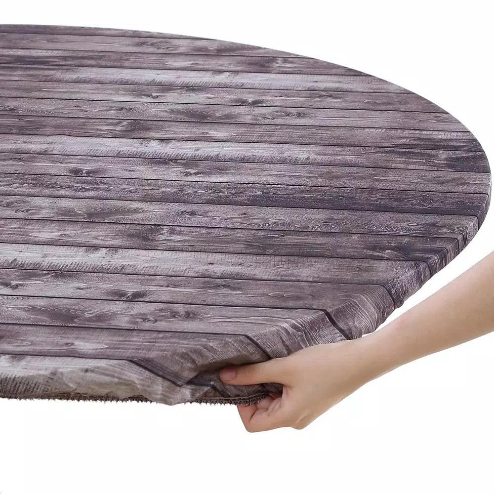 Brielle Home 42" Round Cotton Fitted Table Cover, Distressed Wood Print