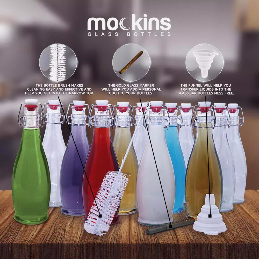 Mockins 17 oz. Glass Bottles with Swing Top Stoppers, Funnel, Brush, and Gold Marker (Set of 12)