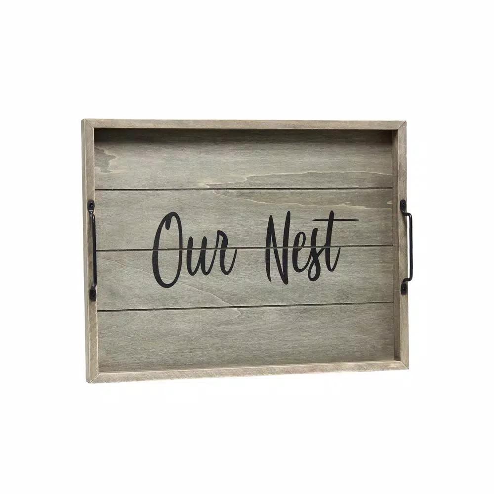 Elegant Designs Our Nest Rustic Gray Wooden Decorative Serving Tray with Black Metal Handles