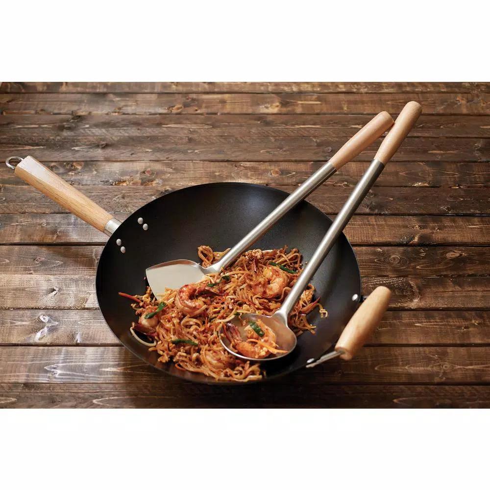 Fox Run Lotus Series 17 in. Chuan Spatula and Hoak Soup Ladle Set, Stainless Steel with Wood Handles