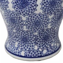 Benjara Blue and White Ceramic Temple Jar with Dahlia Flower Design and Gold Accents thumbnail 3
