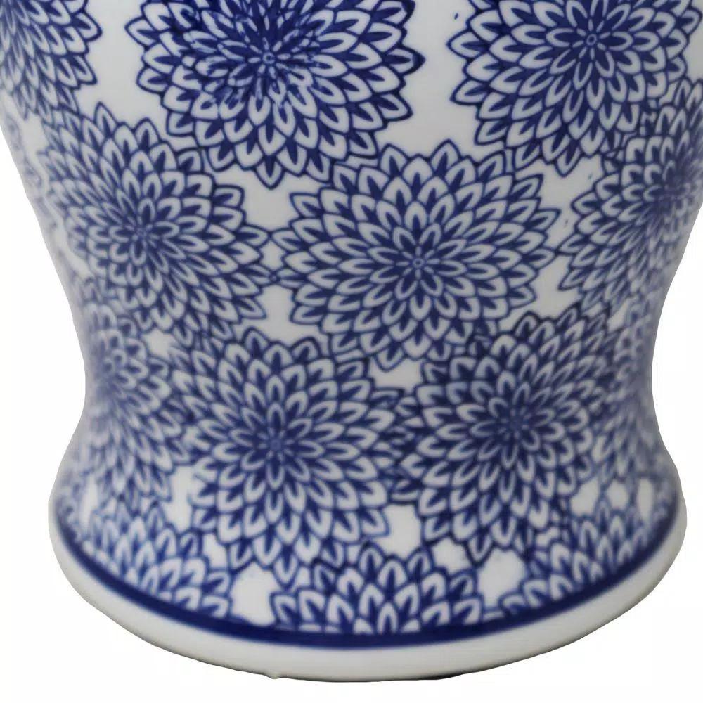 Benjara Blue and White Ceramic Temple Jar with Dahlia Flower Design and Gold Accents