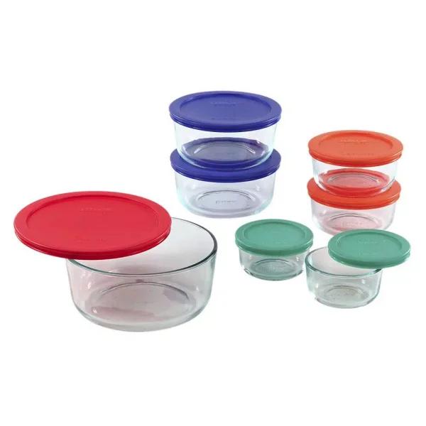 Pyrex 14-Piece Round Glass Mixing Bowl and Storage Set with Assorted Colored Lids