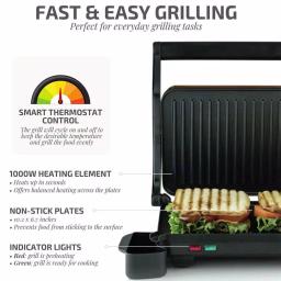 Ovente 1000W Copper Electric Panini Press Grill, 2-Slice Sandwich Maker with Drip Tray thumbnail 3