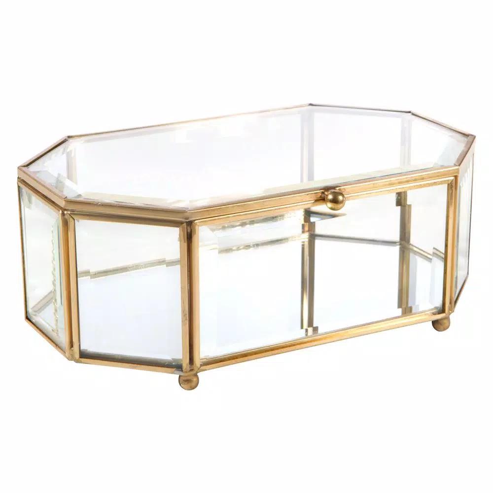 Home Details Vintage Gold Octagonal Glass Keepsake Box with Mirrored Bottom