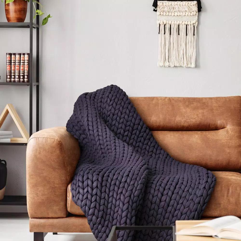 DONNA SHARP Indigo Acrylic Chunky Knitted Throw Blanket, 40 x 50 in