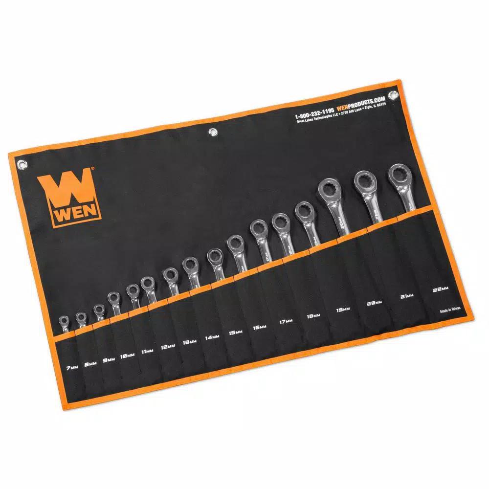 WEN 16-Piece Metric Ratcheting Combination Wrench Set with Storage Pouch