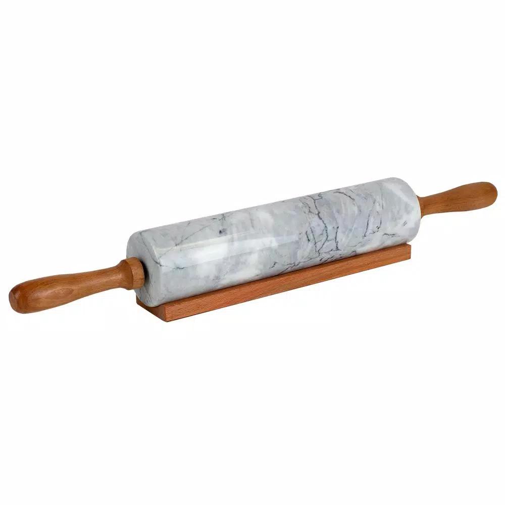 Unbranded White Marble Rolling Pin with Wooden Handles and Rolling Pin Rest