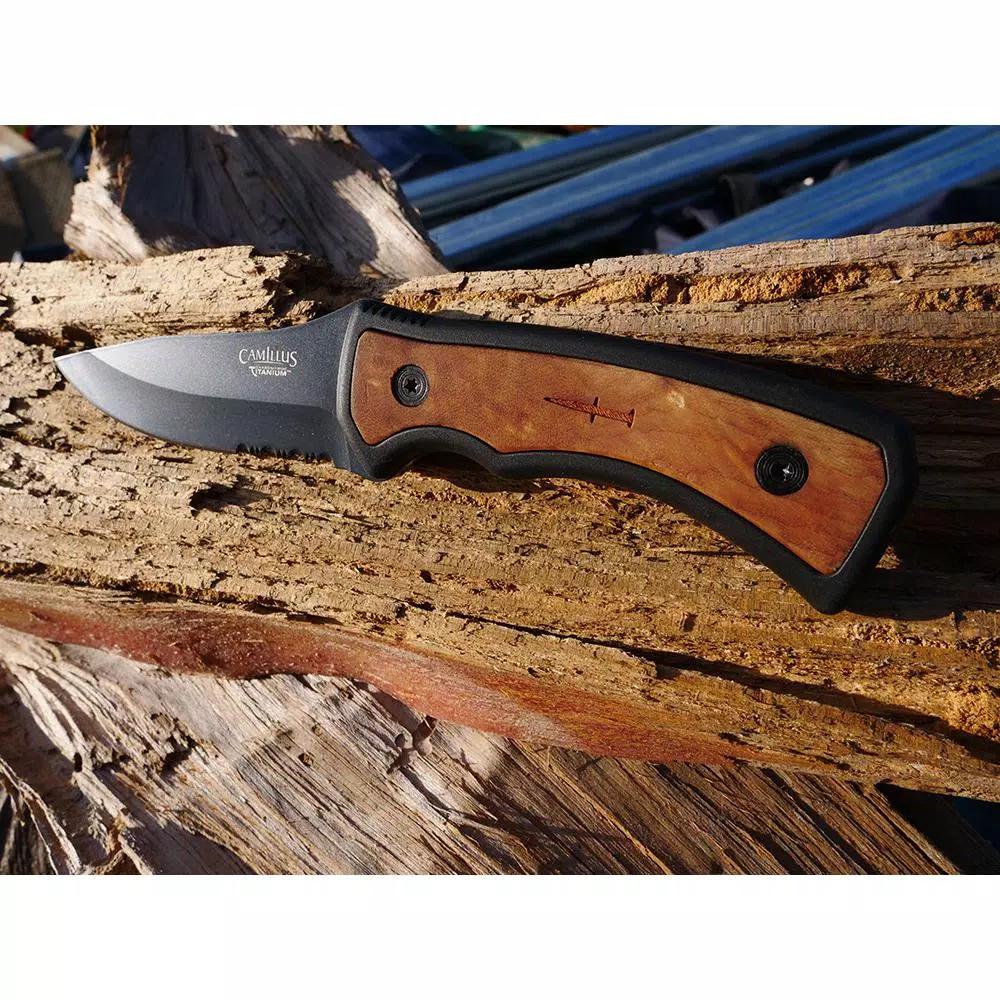 Camillus Mountaineer 4 in. Carbonitride Titanium Drop Point Fixed Blade Knife with Burlwood Accent Handle