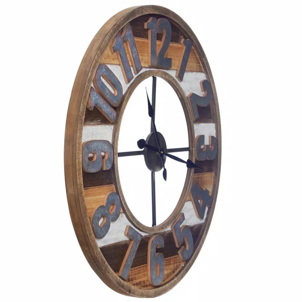 Pinnacle 33 in. Rustic Reclaimed Wood and Metal Round Wall Clock - Farmhouse Style