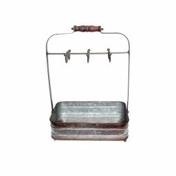 Benzara Rustic Galvanized Metal 6-Hook Crockery Holder with Wooden Handle thumbnail 1