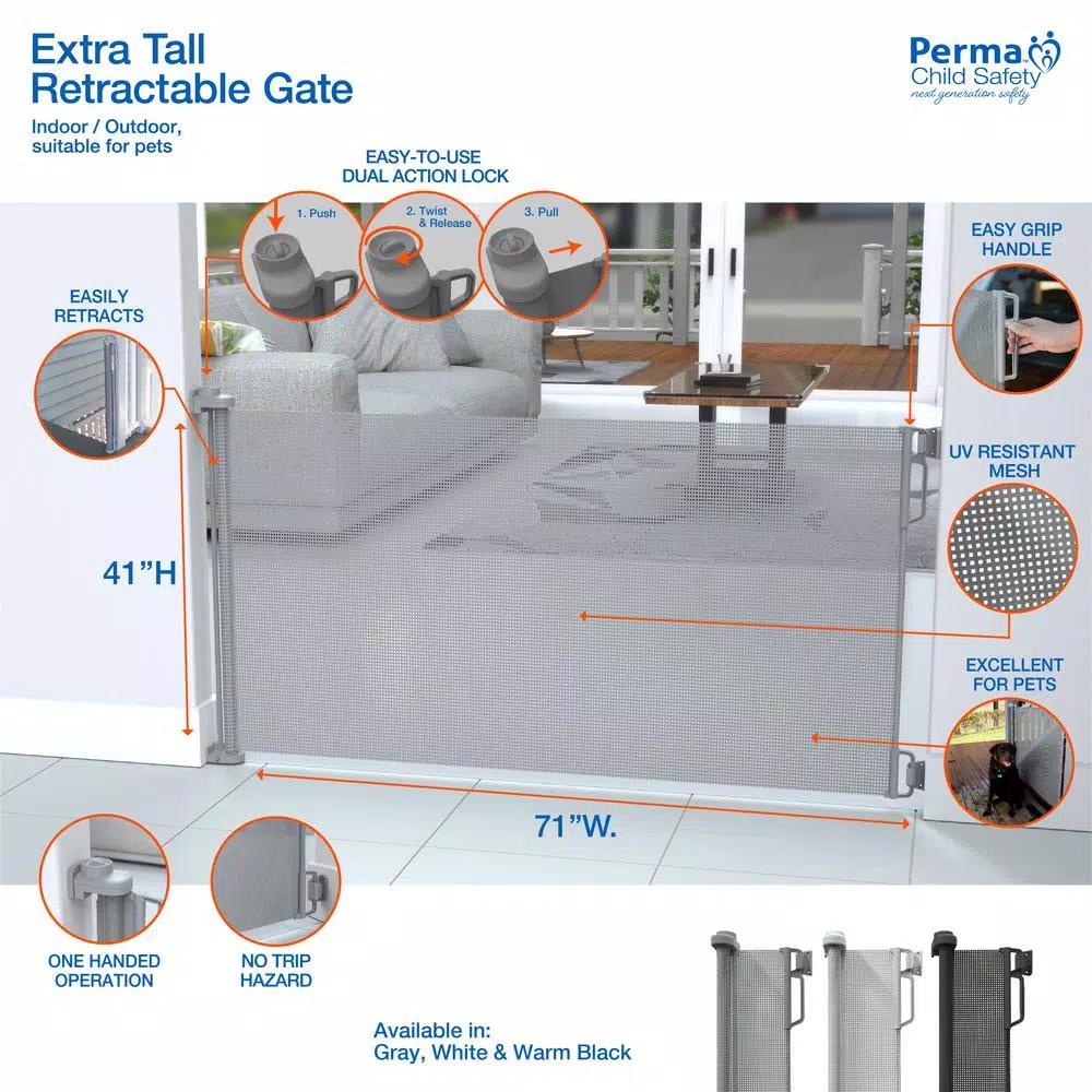 Perma Child Safety Extra Tall & Extra Wide Outdoor Retractable Gate, 41 in. H x 71 in. W, Gray