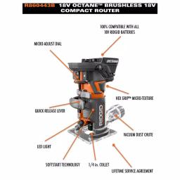 RIDGID 18V OCTANE Brushless Compact Fixed Base Router Kit with 2.0 Ah Battery and Charger thumbnail 3