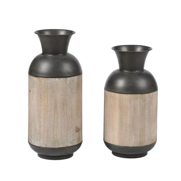 Winsome House 2-Piece Handcrafted Iron and Wood Vase Set, Rustic Dark Brown and Natural Wood Table Vases