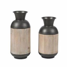 Winsome House 2-Piece Handcrafted Iron and Wood Vase Set, Rustic Dark Brown and Natural Wood Table Vases thumbnail 1