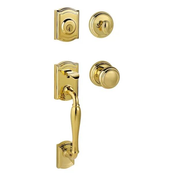 Baldwin Prestige Wesley Single Cylinder Door Handleset with Alcott Knob, Lifetime Polished Brass