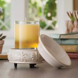 Candle Warmers Etc 5.2 in Sandstone 2-in-1 Classic Fragrance Warmer with Fleur de Lis Pattern thumbnail 4