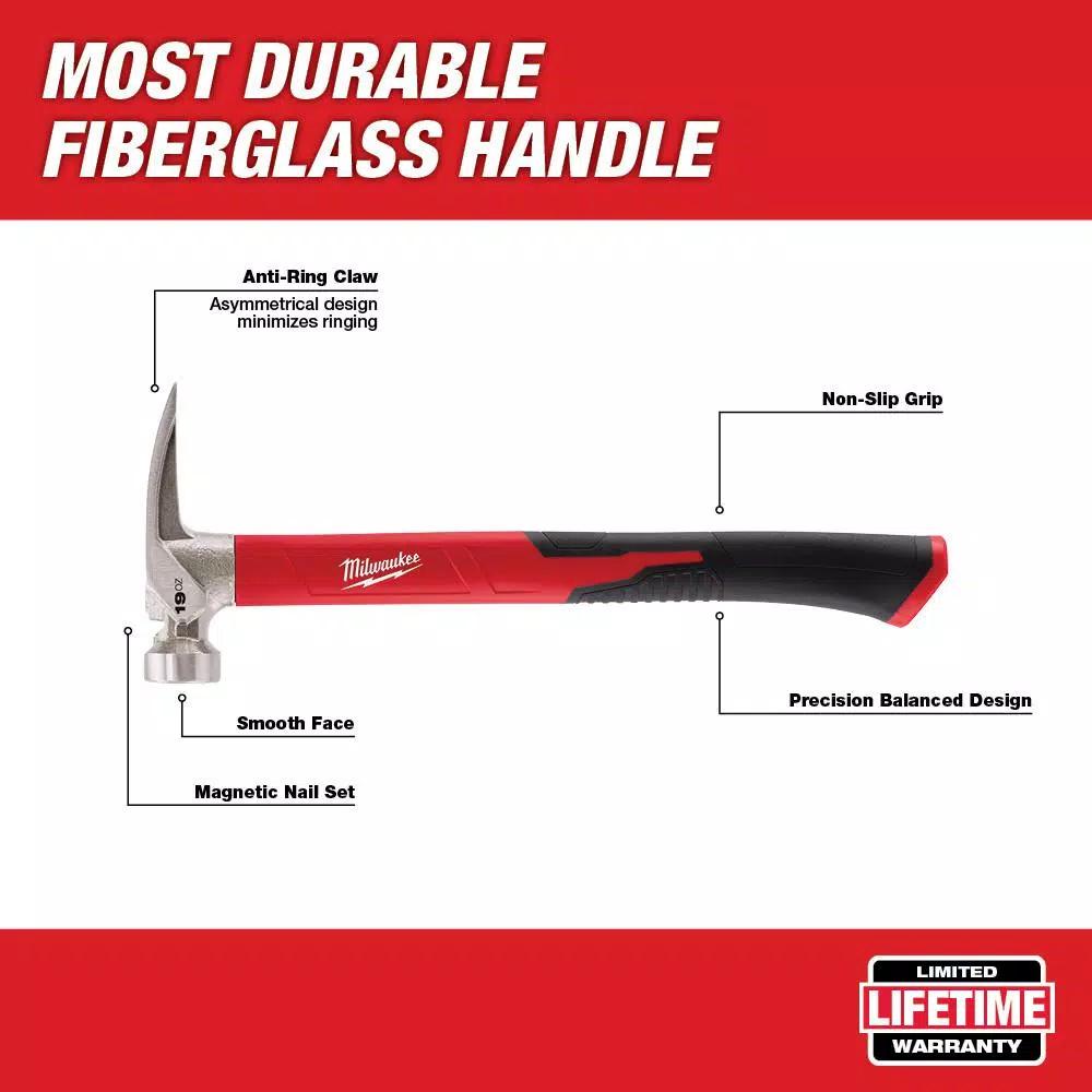 Milwaukee 19 oz. Smooth Face Hammer with Fiberglass Handle and Hammer Loop