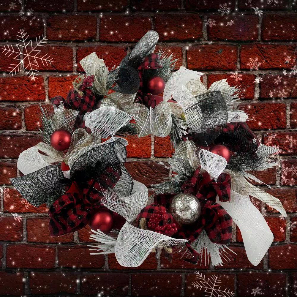 Fraser Hill Farm 20 in. Artificial Christmas Wreath with Buffalo Plaid Bows and Ornaments