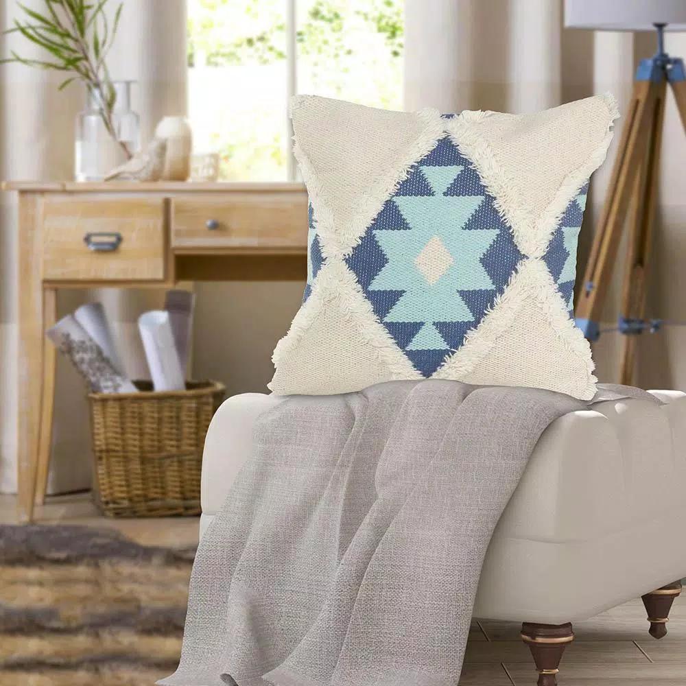 LR Home 20x20 Off White and Blue Tufted Geometric Throw Pillow - Southwestern Winter Paradise