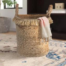 LR Home Claine Braided Jute Decorative Storage Basket with Fringe Rim and Handles thumbnail 1