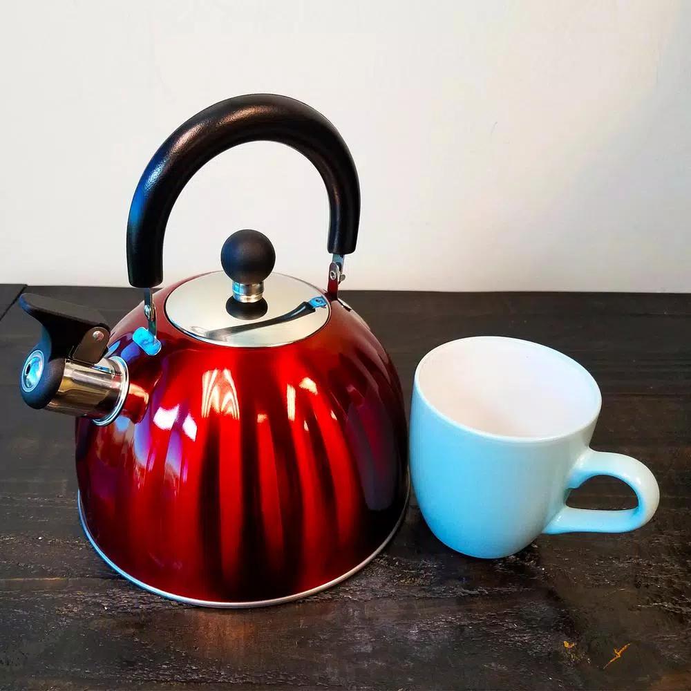 Mr. Coffee Twining 2.1 Qt. Red Stainless Steel Whistling Tea Kettle, 8-Cup Capacity