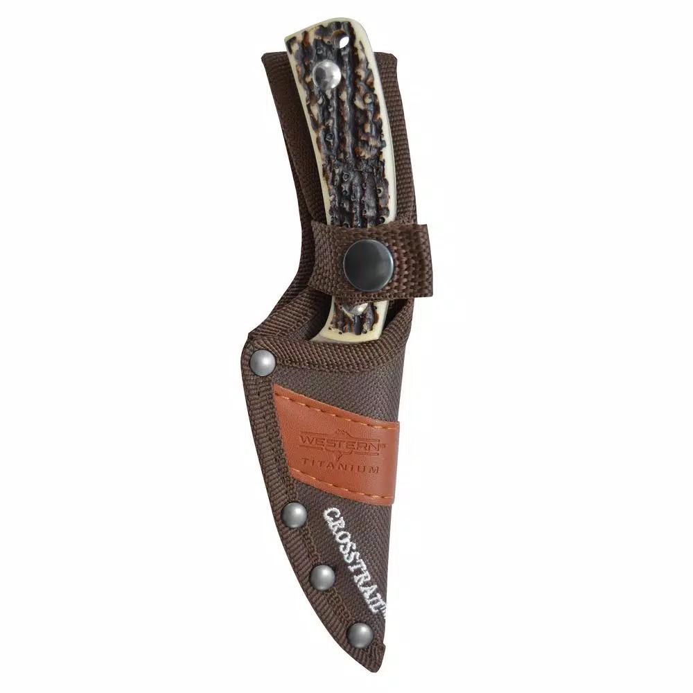 Western Crosstrail 7 in. Fixed Blade Knife, Titanium Bonded 420 Stainless Steel, Stag Handle with Sheath