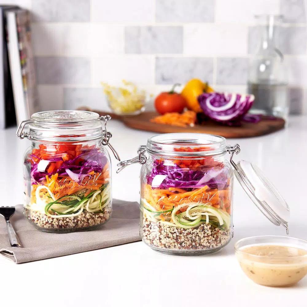 Unbranded 34 oz. Mason Embossed Glass Preservative Jars with Wire Clasp Lid (Set of 2)