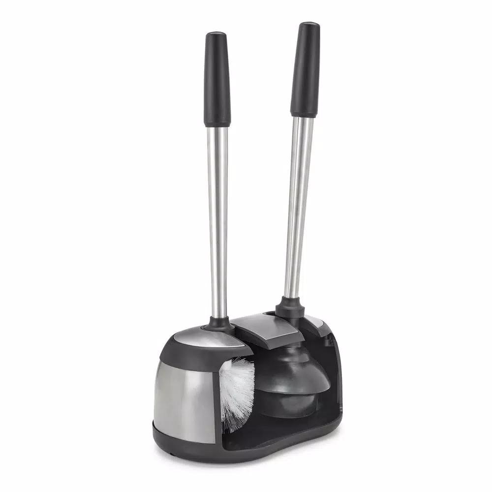 Polder Dual Bath Caddy Toilet Brush and Plunger Set with Stainless Steel Handles - Black