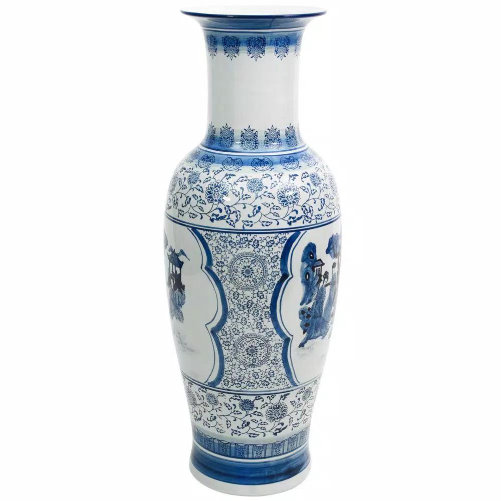 Unbranded Oriental Furniture 35 in. Blue and White Porcelain Tung Chi Floor Vase