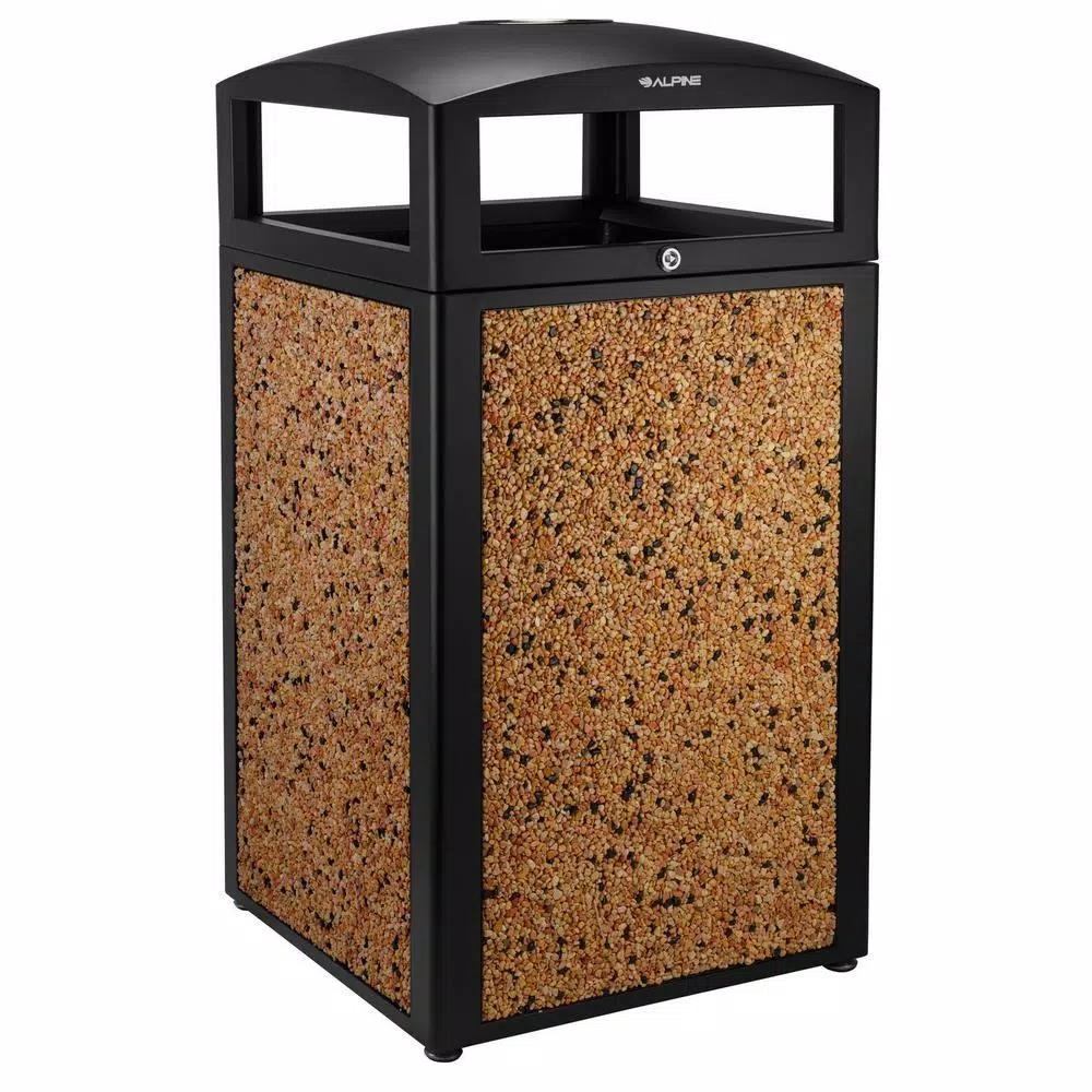 Alpine Industries 40 Gal. Stone & Steel Outdoor Commercial Trash Can with Ash Tray Lid
