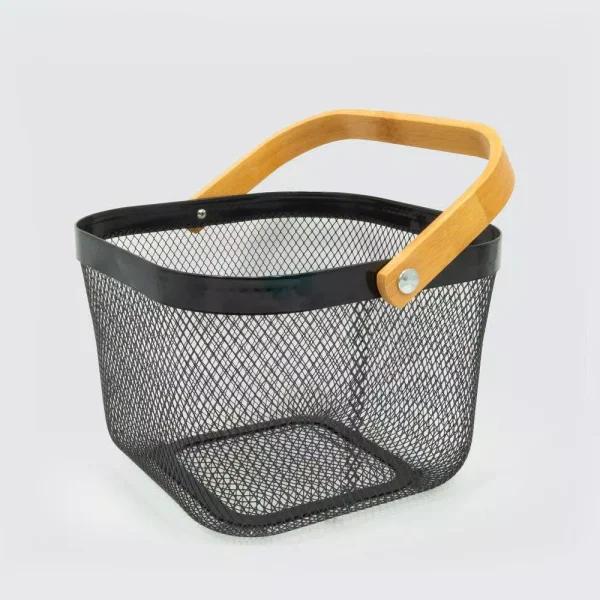 ExcelSteel Black Iron Fruit Basket with Wooden Handle and Abstract Pattern