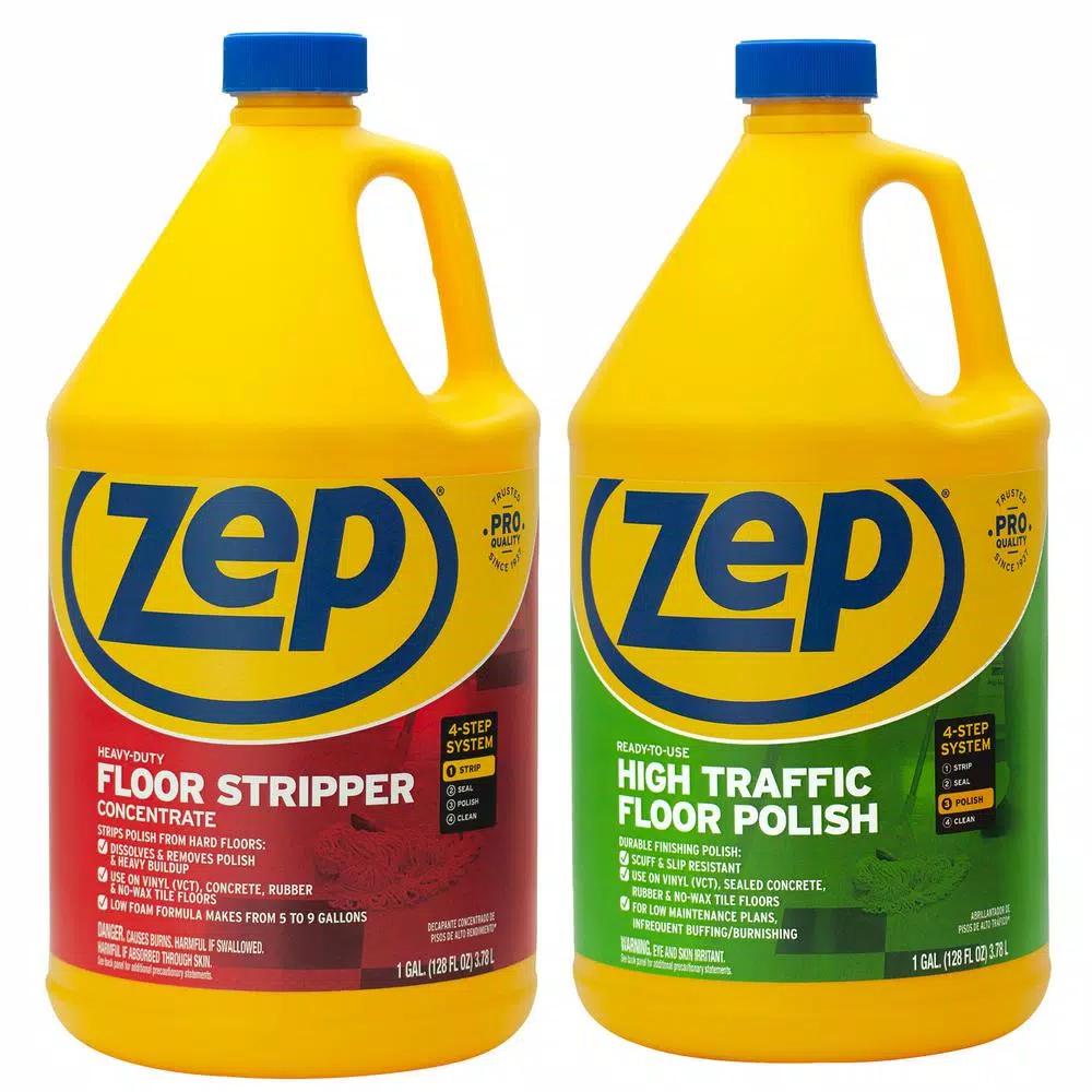 Zep Heavy-Duty Floor Stripper and High-Traffic Floor Polish 2-Pack Combo, 128 oz. Each