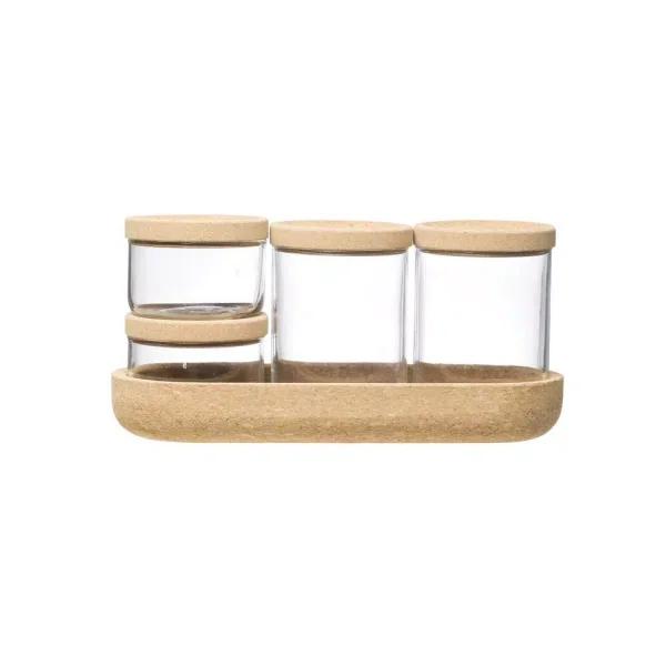 3R Studios 4-Piece Glass Storage Container Set with Cork Lids and Matching Tray