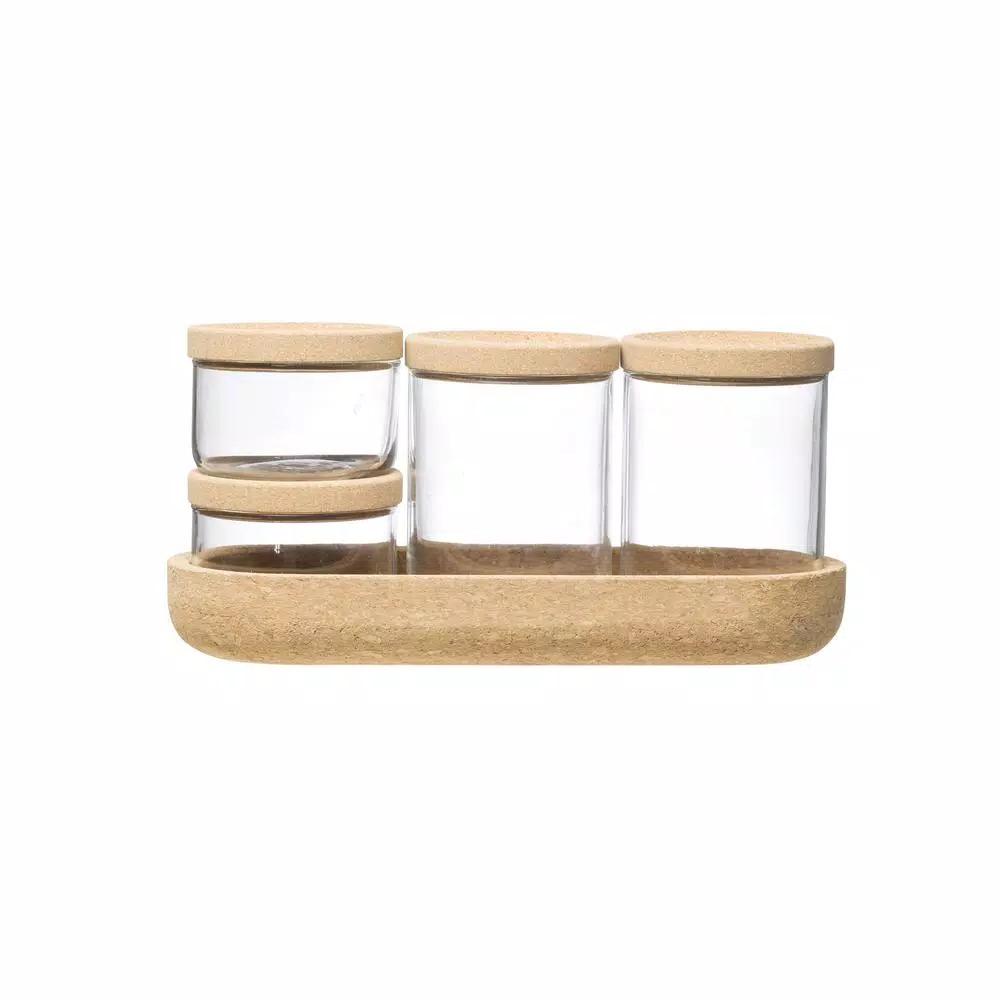 3R Studios 4-Piece Glass Storage Container Set with Cork Lids and Matching Tray
