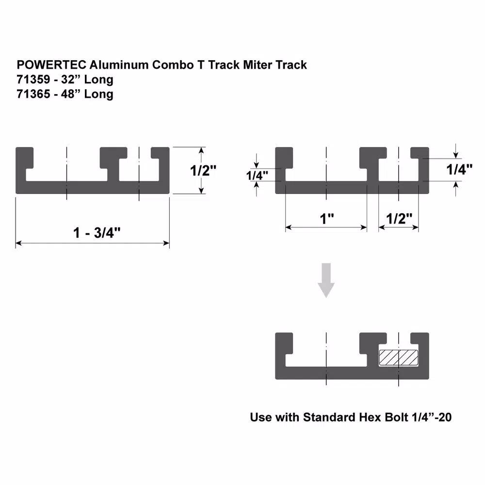 POWERTEC 32 in. Dual Track Aluminum Combo T-Track and Miter Track for Woodworking