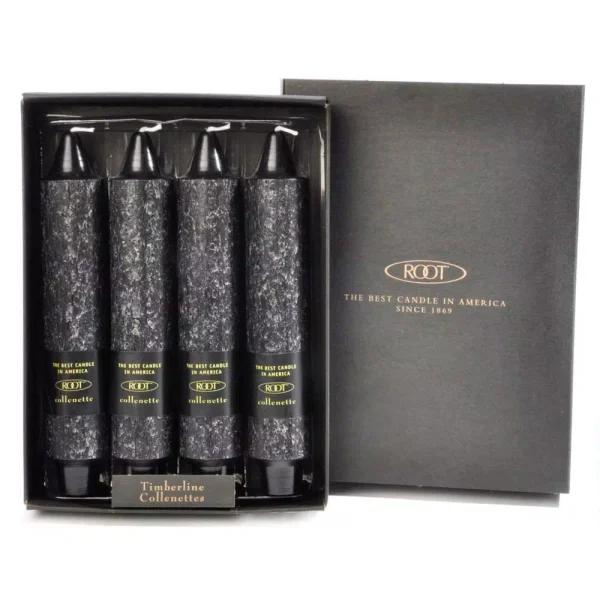 ROOT CANDLES A.I. Root 7 in. Timberline Collenette Black Taper Dinner Candles, Box of 4