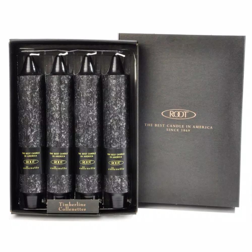 ROOT CANDLES A.I. Root 7 in. Timberline Collenette Black Taper Dinner Candles, Box of 4