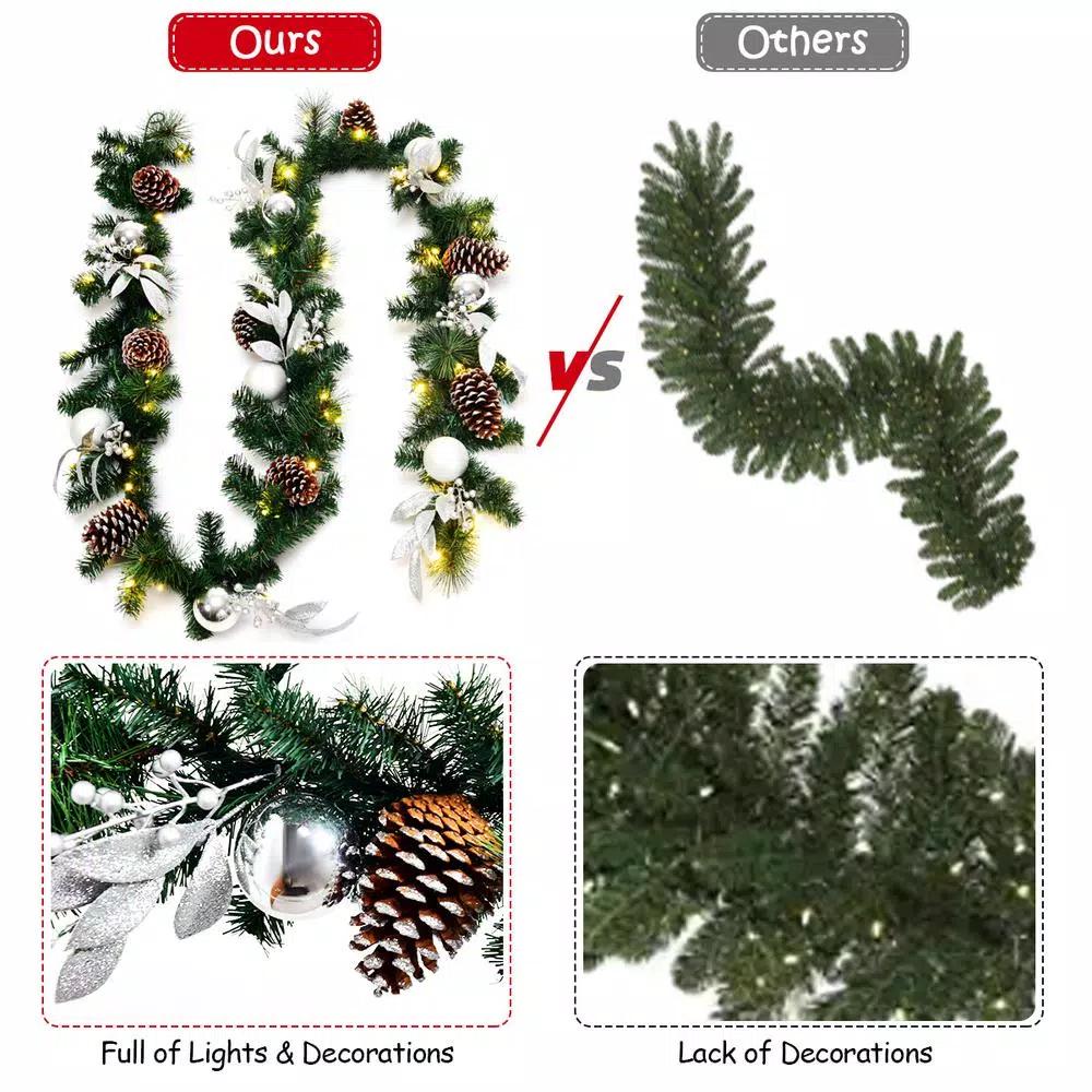 Costway 9 ft. Pre-Lit Artificial Pine Garland with 50 LED Lights, Pinecones, and Berries