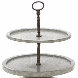 Benzara Modern 2-Tier Metal Serving Tray Stand with Handle, Galvanized Round Trays thumbnail 3