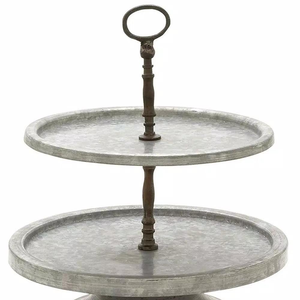 Benzara Modern 2-Tier Metal Serving Tray Stand with Handle, Galvanized Round Trays