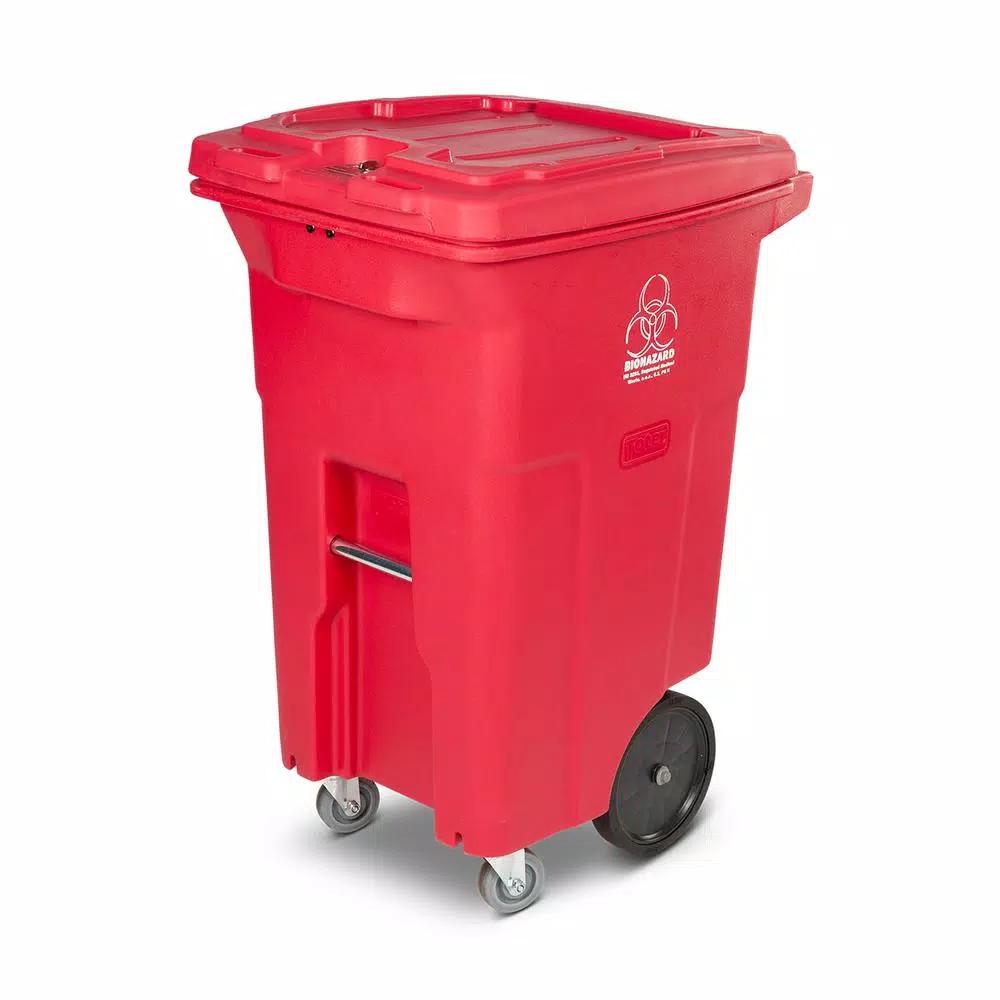 Toter 64 Gal. Red Hazardous Medical Waste Trash Can with Locking Lid and Wheels