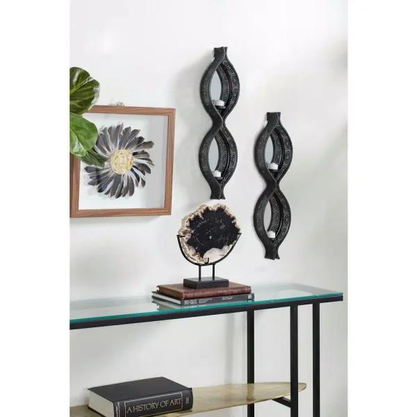 LITTON LANE Eclectic Figure Eight Black Metal Mesh Wall Sconces with Mirror Inlays, Set of 2
