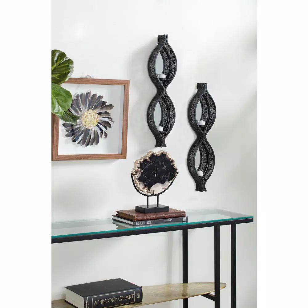 LITTON LANE Eclectic Figure Eight Black Metal Mesh Wall Sconces with Mirror Inlays, Set of 2
