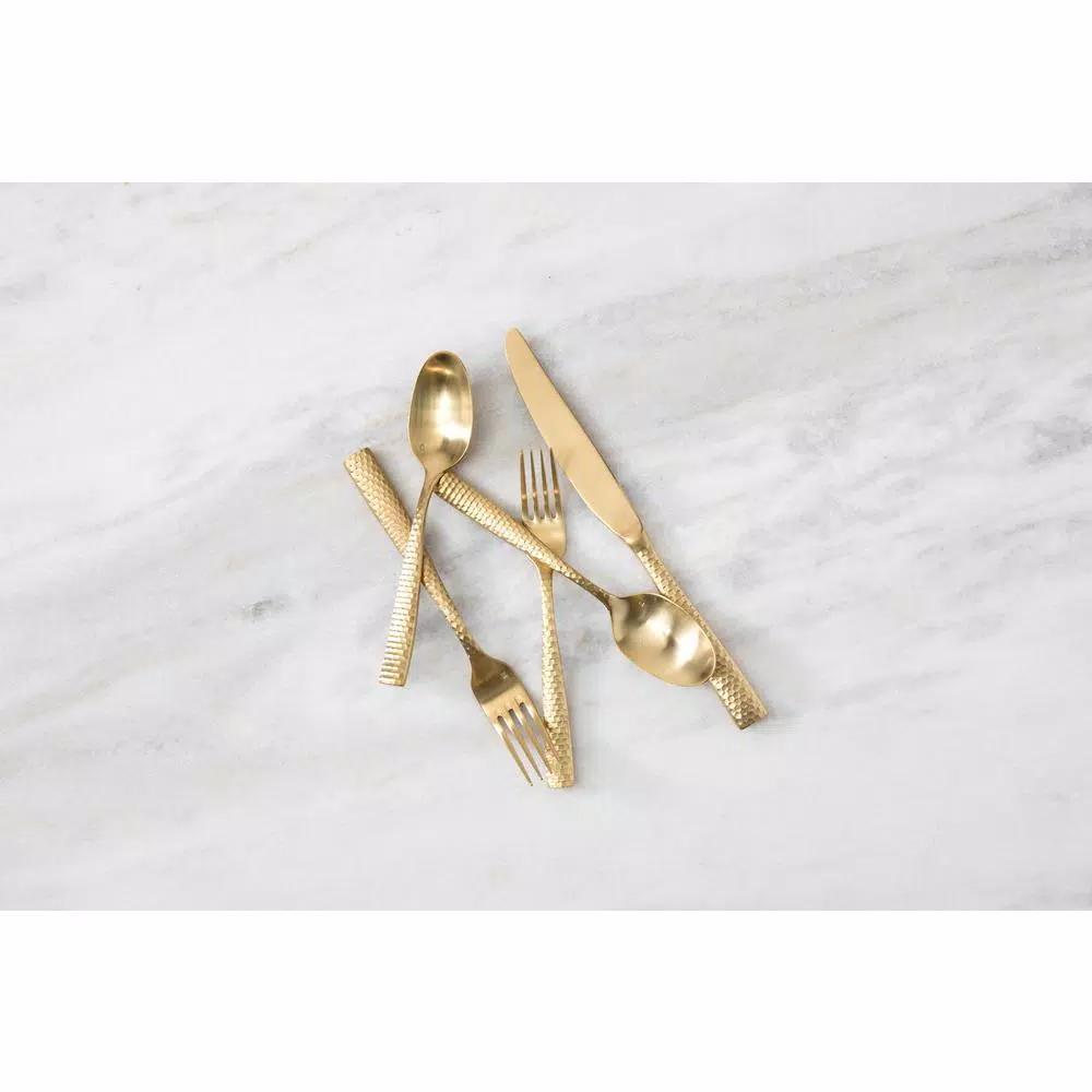 Fortessa Lucca Faceted 5-Piece 18/10 Stainless Steel Brushed Gold Flatware Place Setting