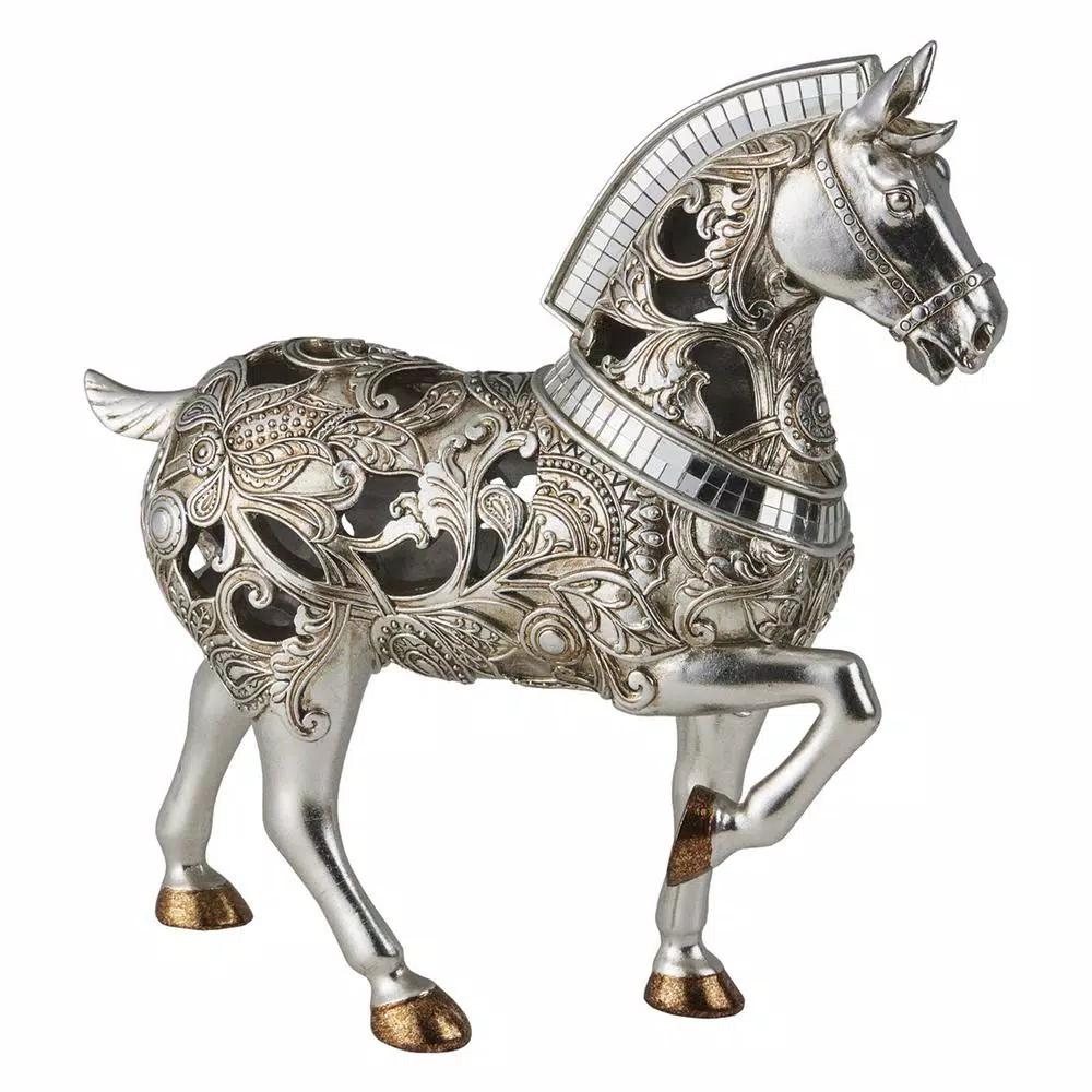 ORE International Langi Polyresin Trojan Horse Decorative Figurine with Mirrored Mane and Silver Filigree