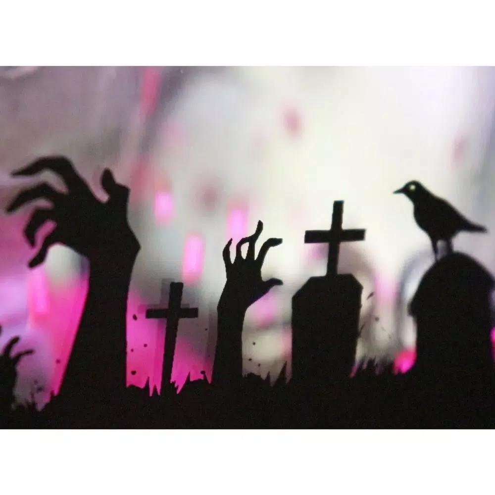 Haunted Hill Farm 71 in. Black Animated Skull Lamp Post with Spooky Music