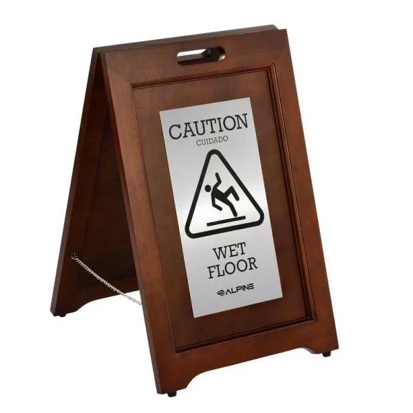 Alpine Industries 24 in. 2-Sided Bilingual Wet Floor Sign, Stainless Steel Plated Wood
