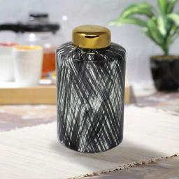 Benjara Black and White Ceramic Lidded Ginger Jar with Criss Cross Pattern and Gold Lid thumbnail 6